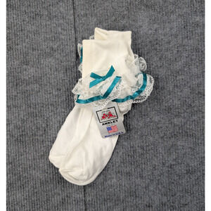 Vintage Lace Ruffle Socks Women 9-11 Nylon Coquette White Teal Ribbon Whimsi Y2K